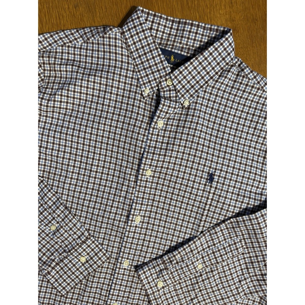 Polo Ralph Lauren Shirt Mens XL Brown Blue White Plaid Button Up Twill Blue Pony